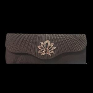 Elegant Black Pleated Evening Clutch with Crystal Lotus Brooch
